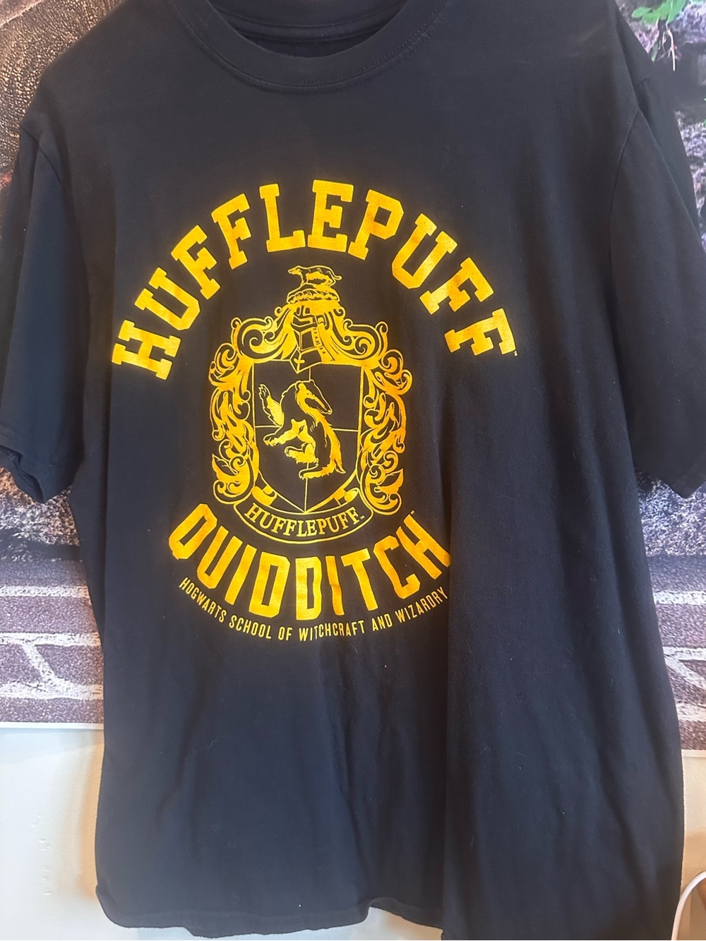 Warner Bros. Black Tee with Yellow Harry Potter Hufflepuff Crest